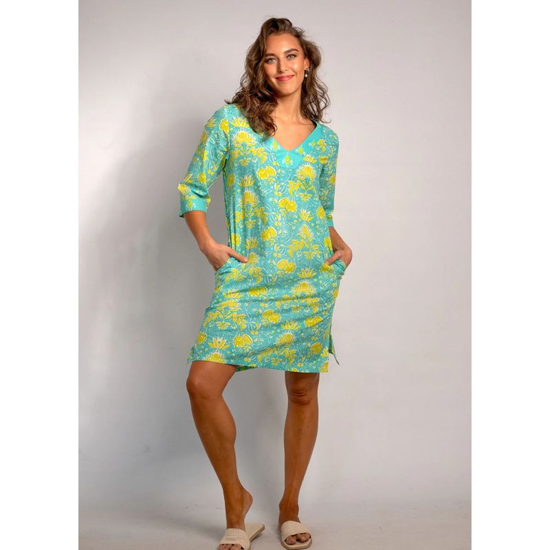 Iconic V-Neck Tunic Turq with Lime Print