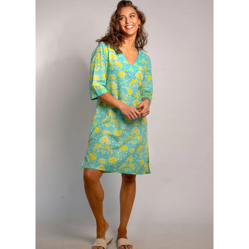 Iconic V-Neck Tunic Turq with Lime Print
