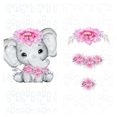 Baby Elephant Girl Pink Flowers Blanket Set PNG Digital Download