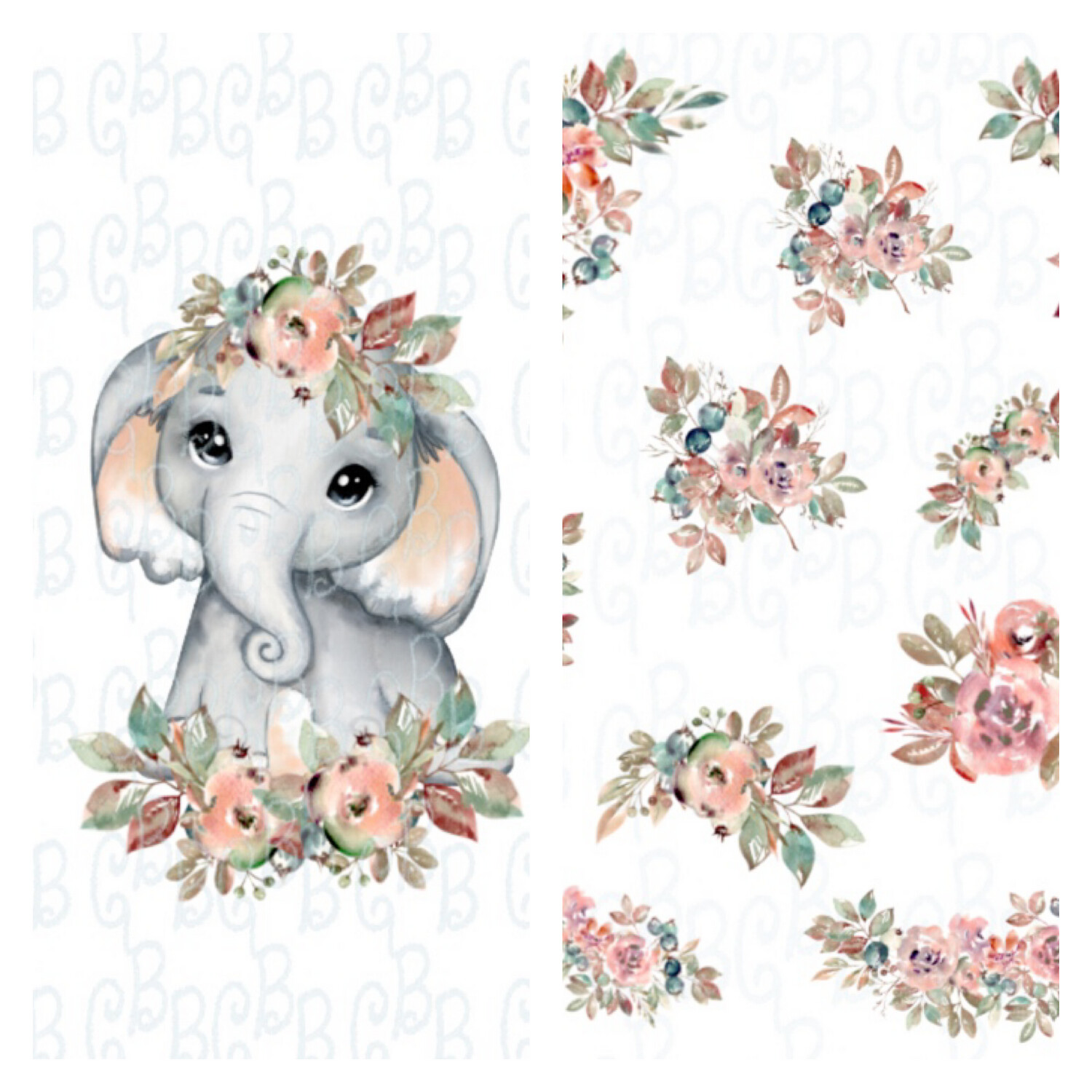 Baby Girl Elephant with Fall Flowers Blanket Set PNG Digital Download