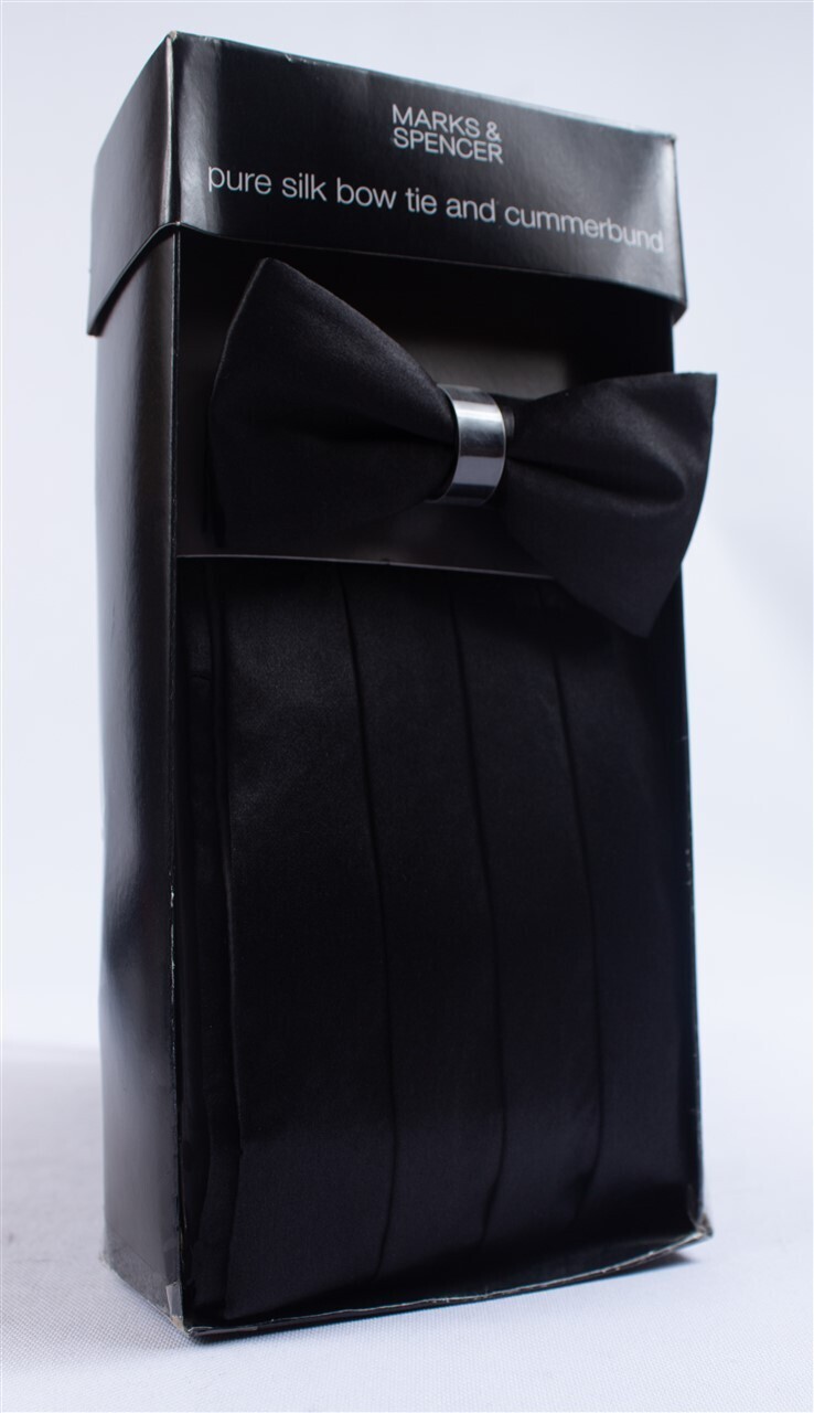 Mark &amp; Spencer Pure Silk Bow Tie and Cummerbund, Colours: Black