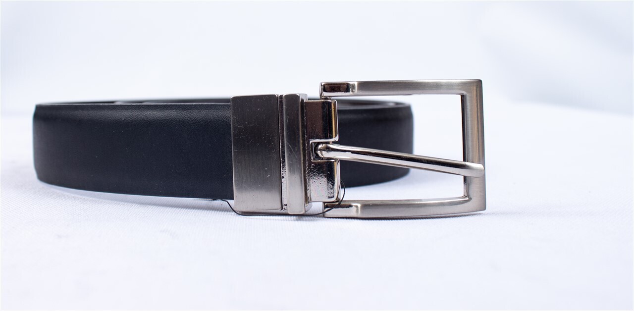 100% Polyurethane Double Sided Black to Brown, Silver Buckle Leather Belt