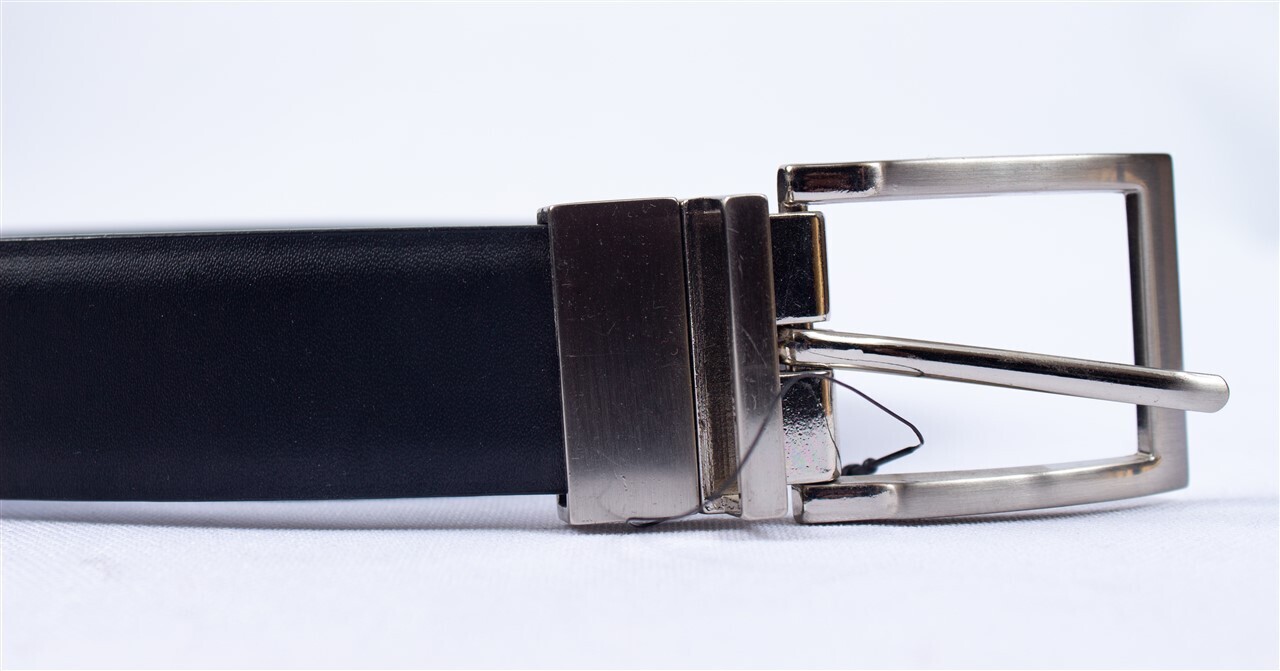100% Polyurethane Double Sided Black to Brown, Silver Buckle Leather Belt