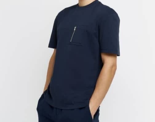 RIVER ISLAND "NAVY REGULAR FIT ZIP POCKET T-SHIRT"