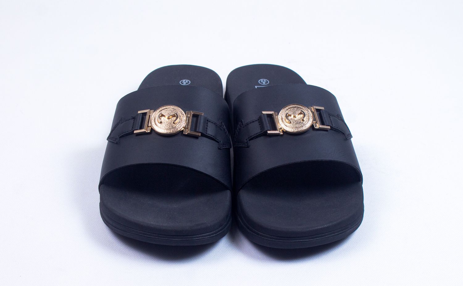 TRUFFLE MAN Collection Buckle Sliders in Black and Gold