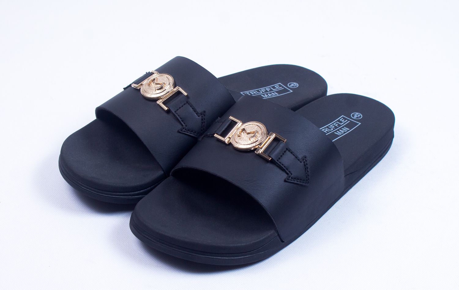 TRUFFLE MAN Collection Buckle Sliders in Black and Gold