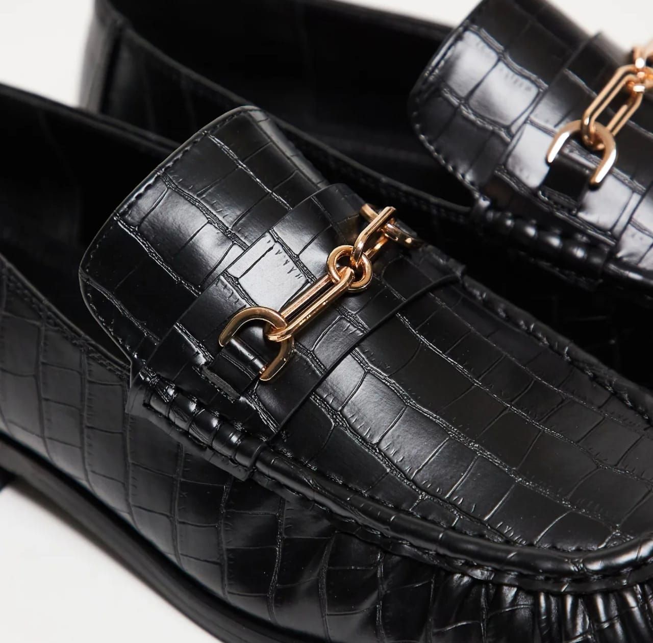 Black Faux Croc Penny Loafer with Gold Links
