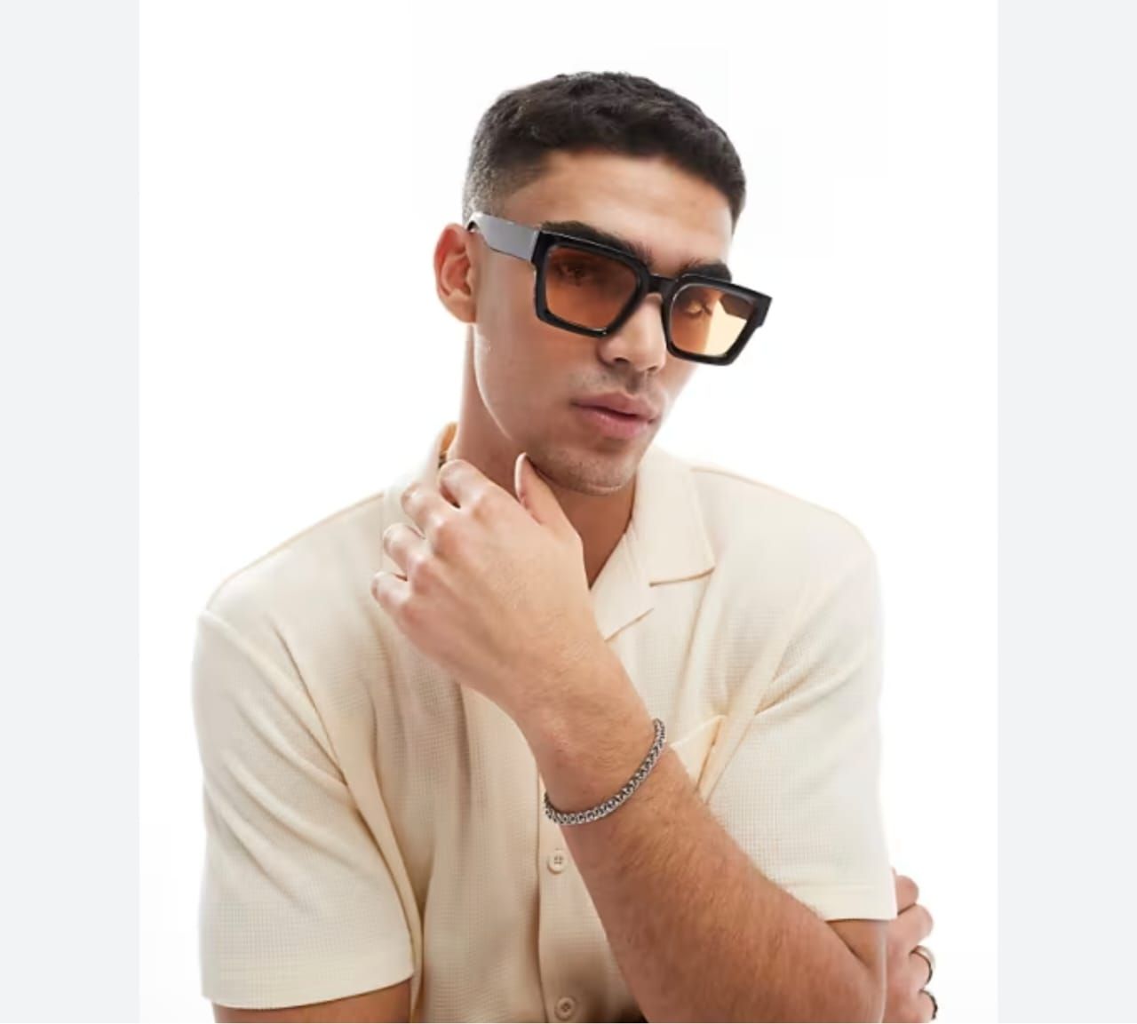 Square Sunglasses With Bevel Frame &amp; Amber Lens In Black