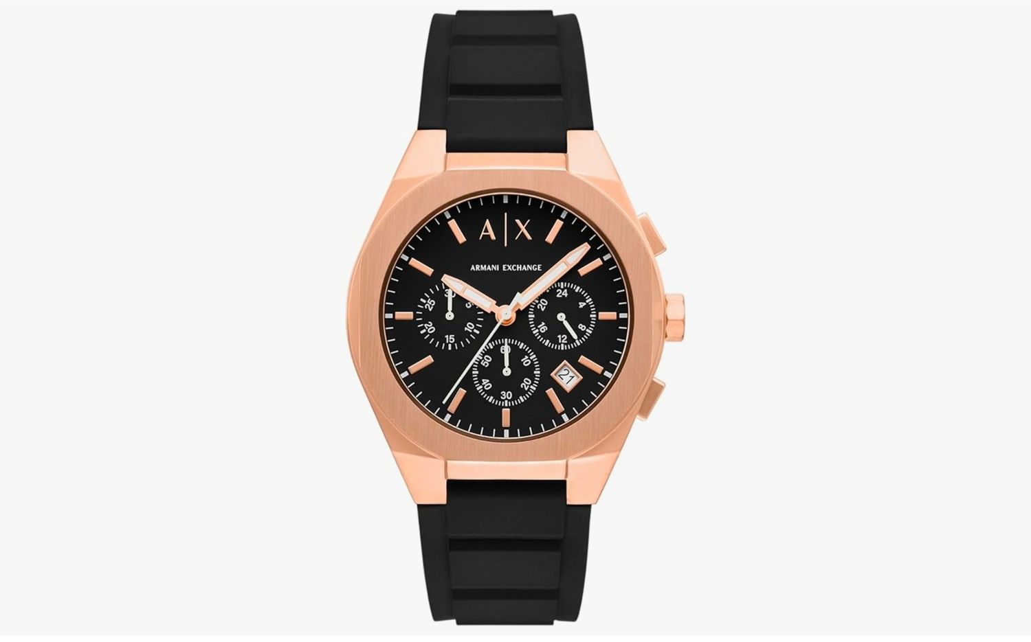 - Armani Exchange AX Black Dial &amp; Rose Gold  Chronograph Watch for Men with Black Silicone Band