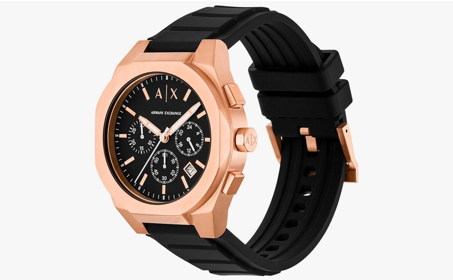 - Armani Exchange AX Black Dial &amp; Rose Gold  Chronograph Watch for Men with Black Silicone Band