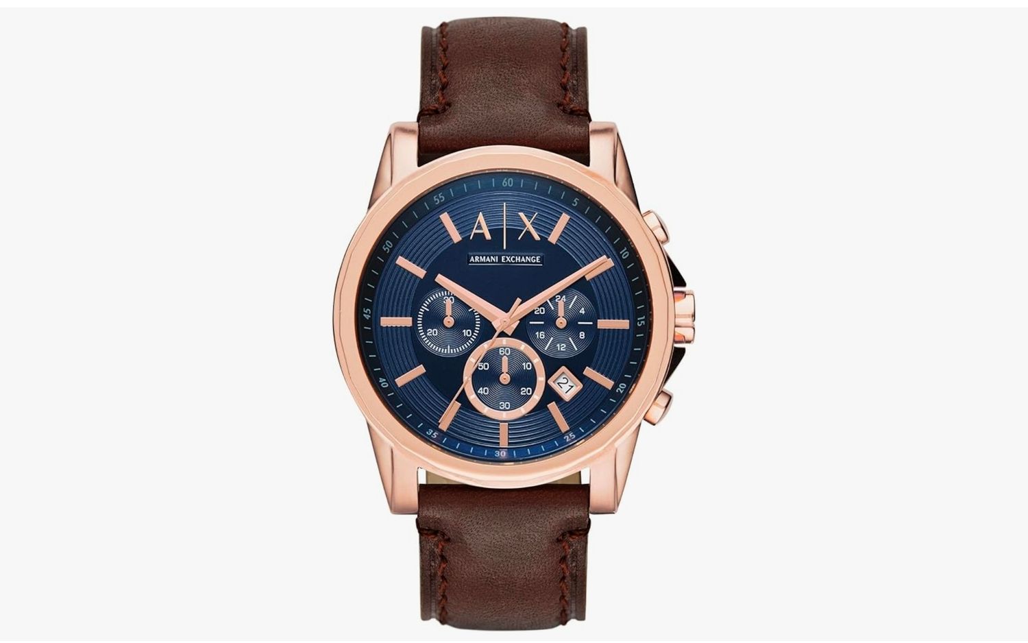 Armani Exchange AX (Gold Trim + Blue Dial) Chronograph Watch for Men with Brown Leather Strap
