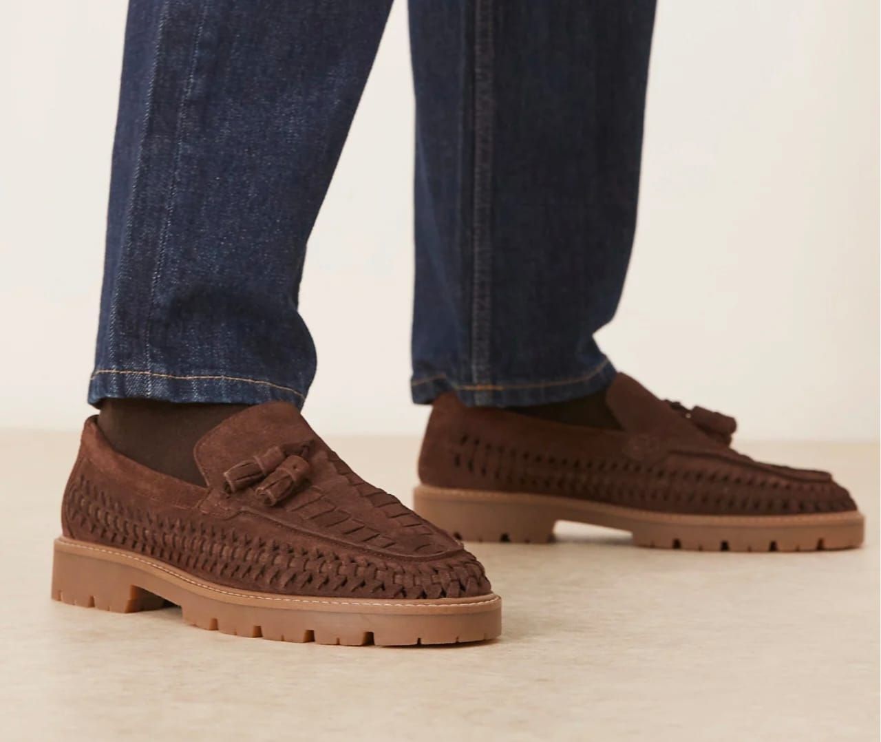 Loafers With Brown Suede With Weave Detail &amp; Tassel