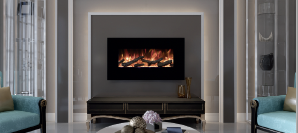 Sierra Flame 26" Wall or Flush Mount Electric Fireplace with Black Glass Surround, Log Set and Ice Media