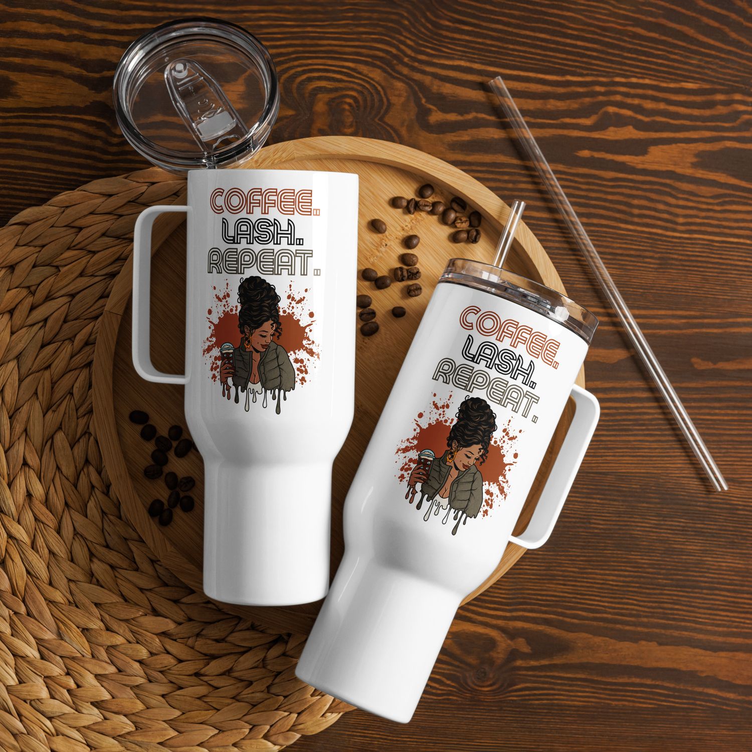 &quot;Coffee.Lash.Repeat&quot; 40 oz. Travel Mug w/Handle