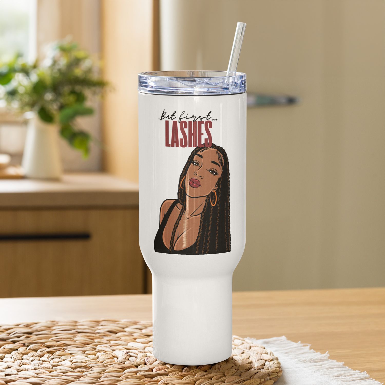 &quot;But First, Lashes&quot; 40 oz. Travel Mug w/Handle