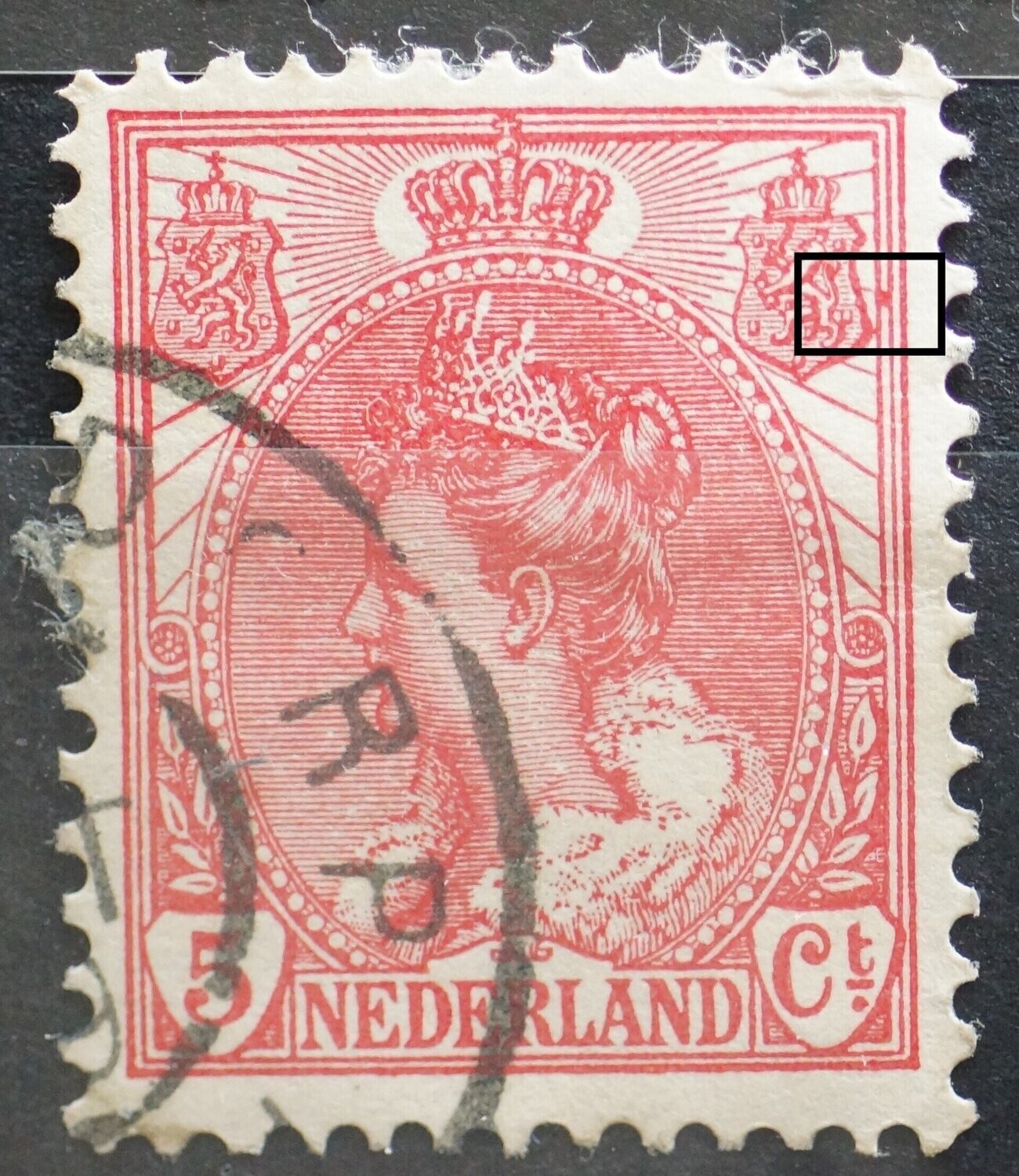 NVPH 60 - rode vlek tussen kaderlijnen, rechts, boven