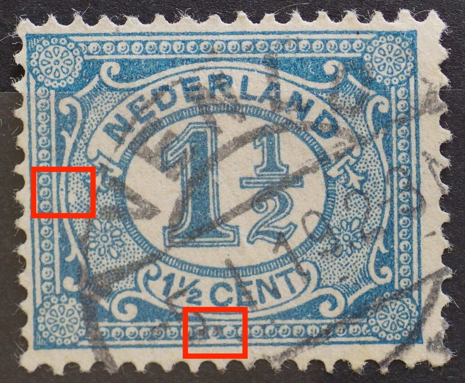 NVPH 53 - witte vlek links en beschadigde parelrand onder