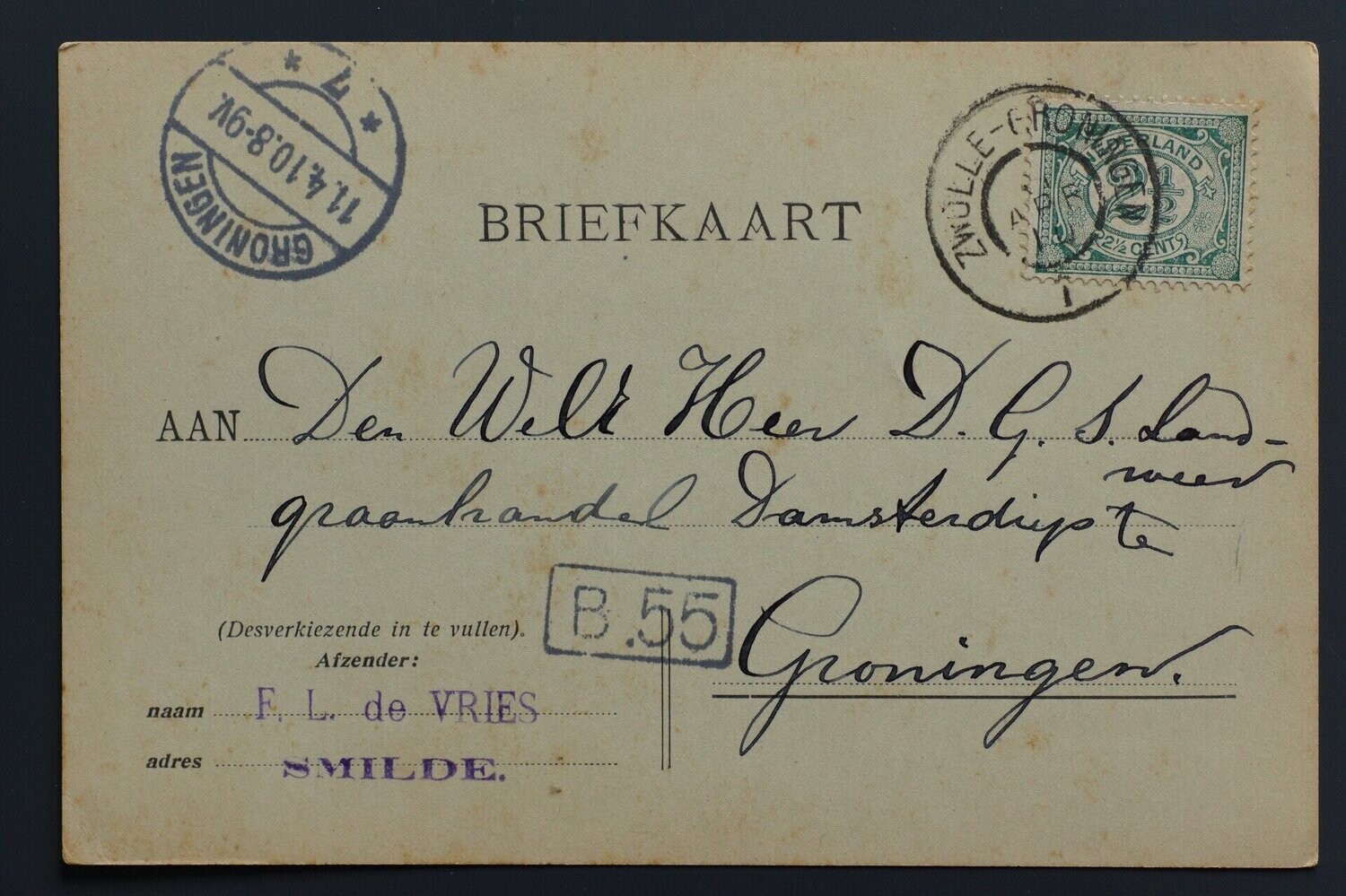 grootrond Zwolle - Groningen I op NVPH 55, nette briefkaart