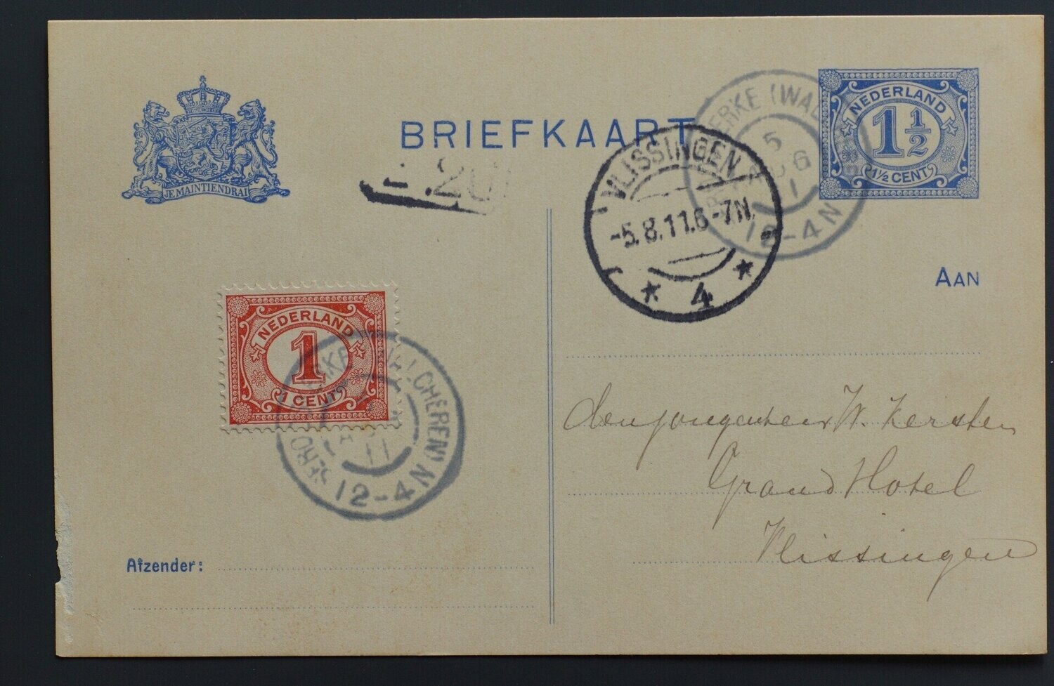grootrond Serooskerke (Walcheren) op bijgefrankeerde briefkaart