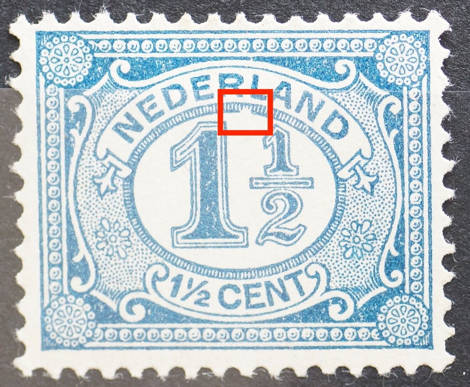 NVPH 53 - breuk in rand onder RL van NEDERLAND