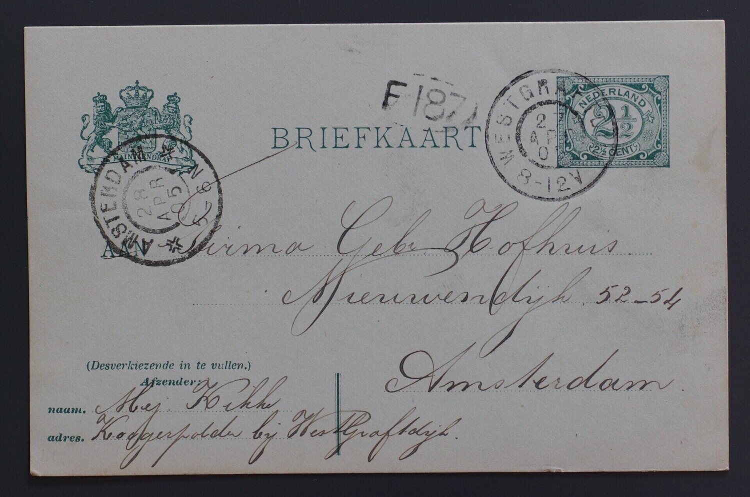 grootrond Westgraftdijk op nette briefkaart naar Amsterdam - vrij zeldzaam!
