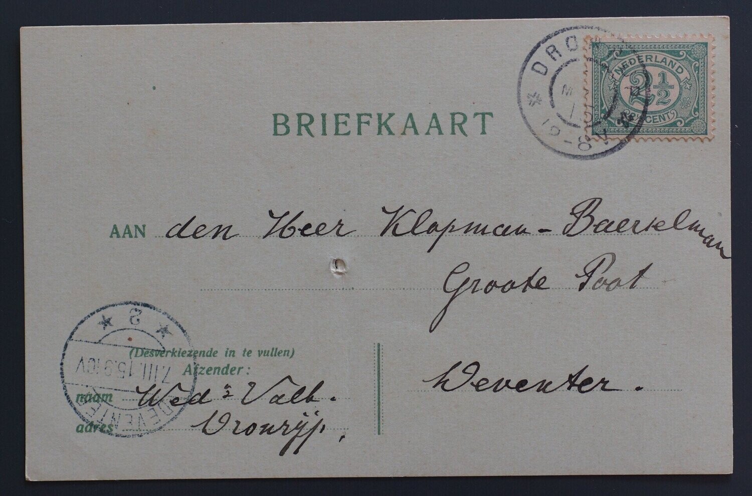 grootrond Dronrijp op NVPH 55, nette briefkaart naar Deventer