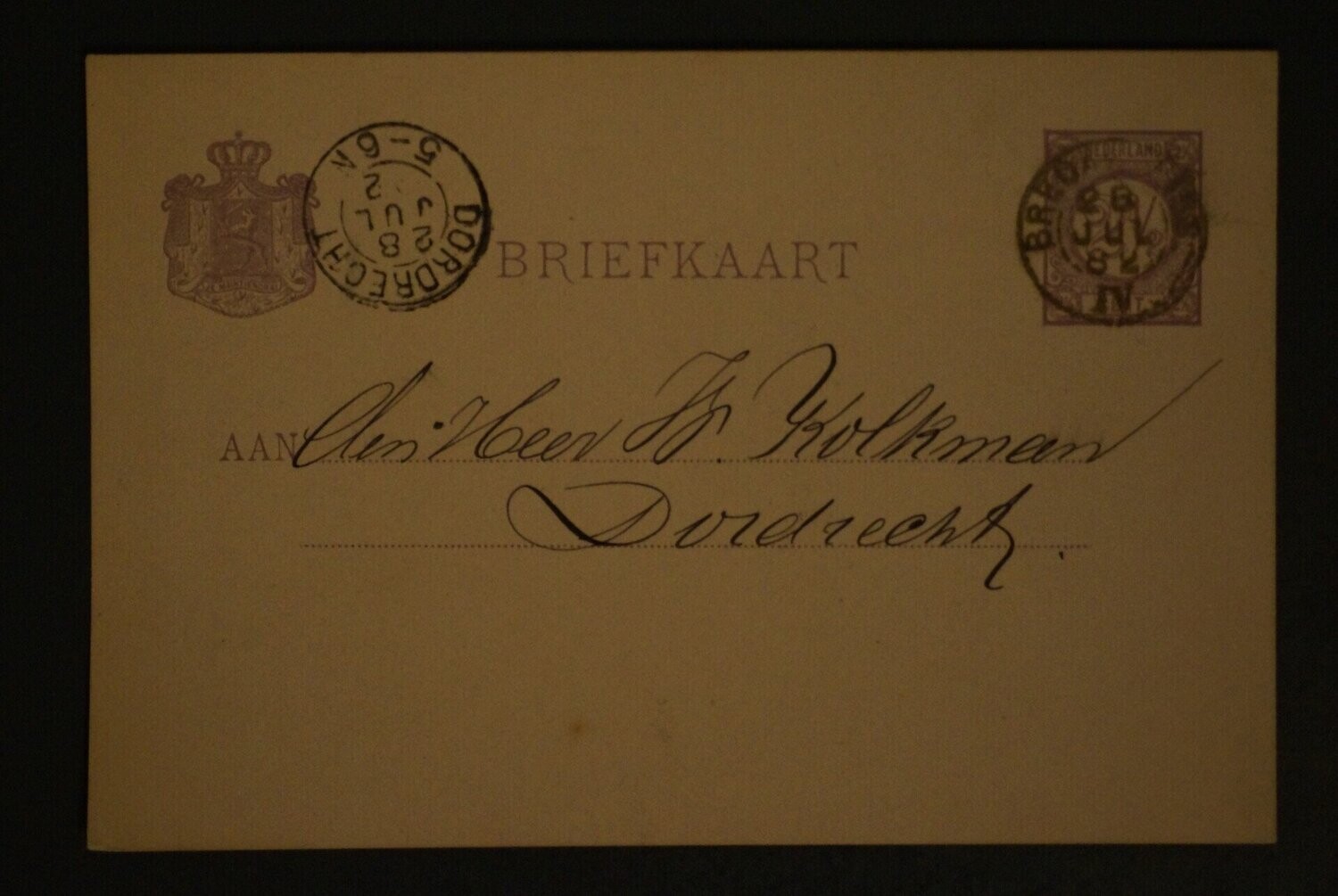 kleinrond Breda-Vliss: IV op nette briefkaart naar Dordrecht.
