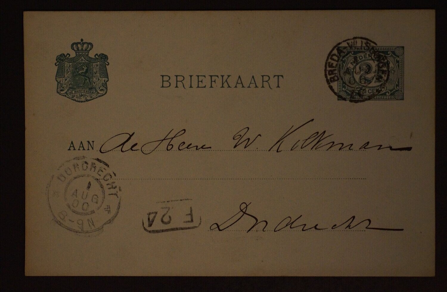 kleinrond Breda-Vlissingen IV op nette briefkaart naar Dordrecht.