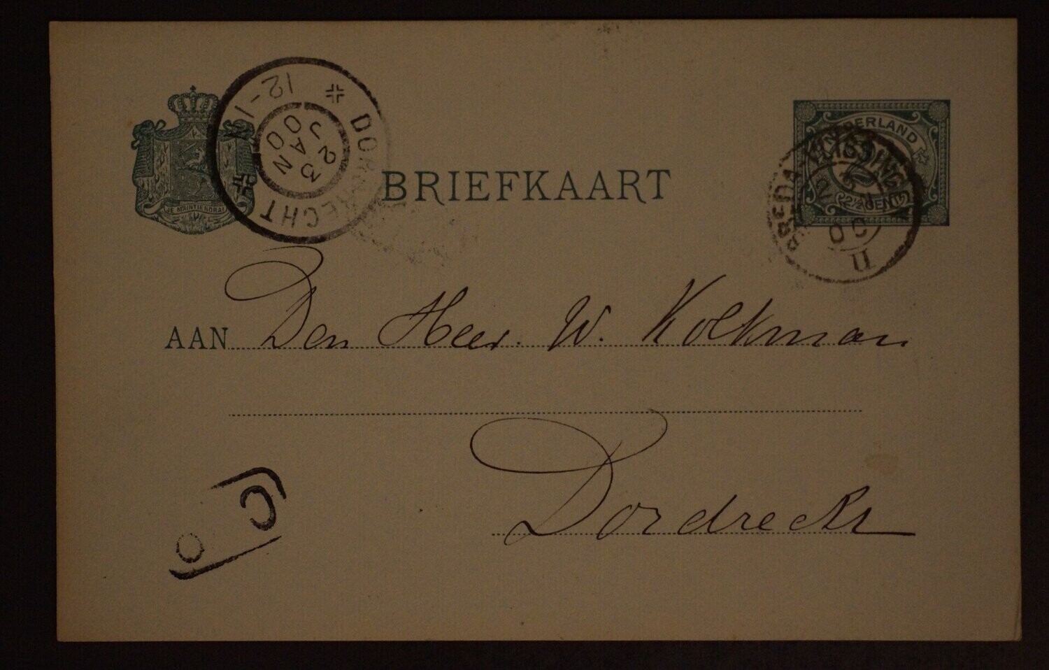 kleinrond Breda-Vlissingen II op nette briefkaart naar Dordrecht.