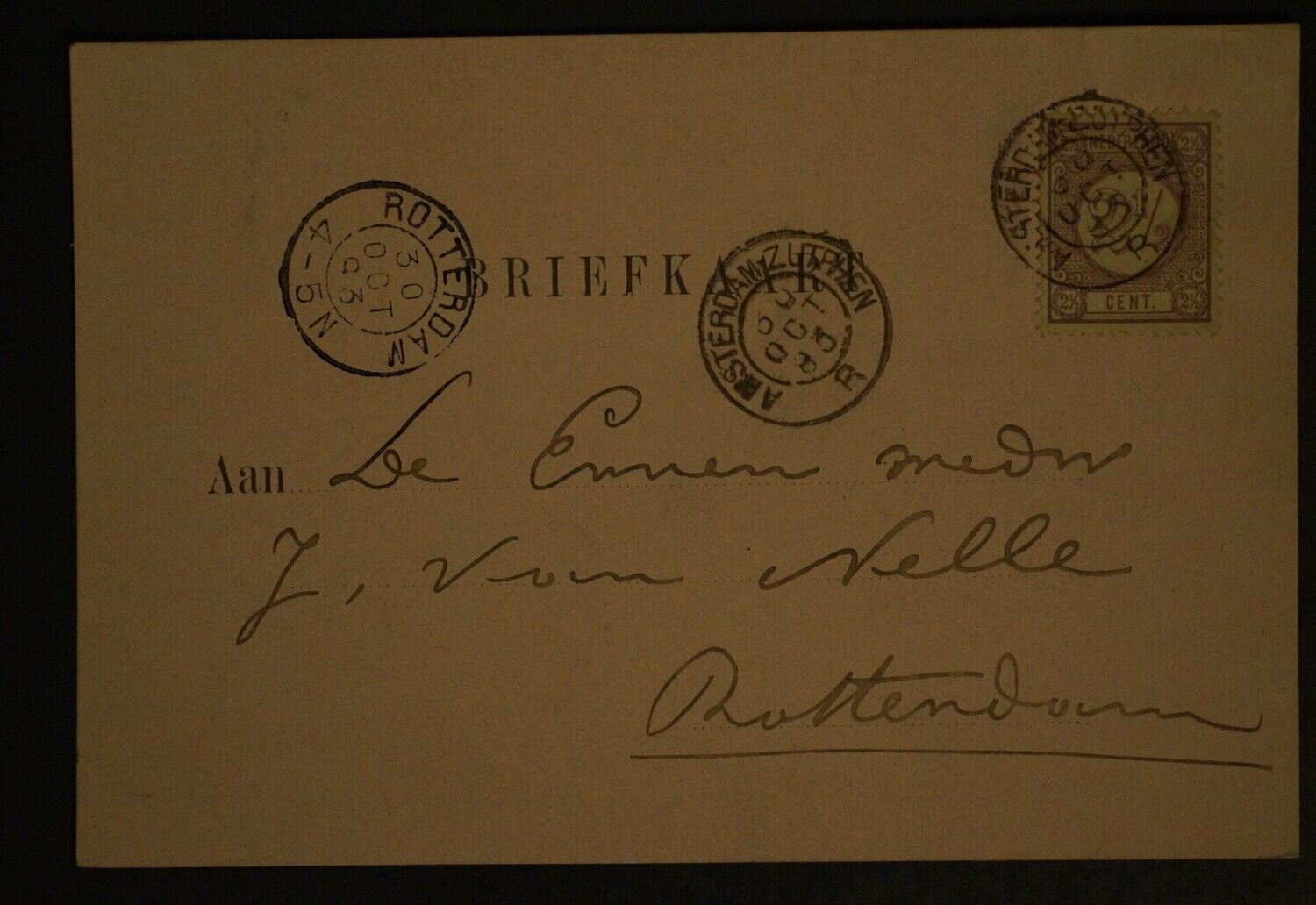 kleinrond Amsterdam-Zutphen B op nette briefkaart naar Rotterdam