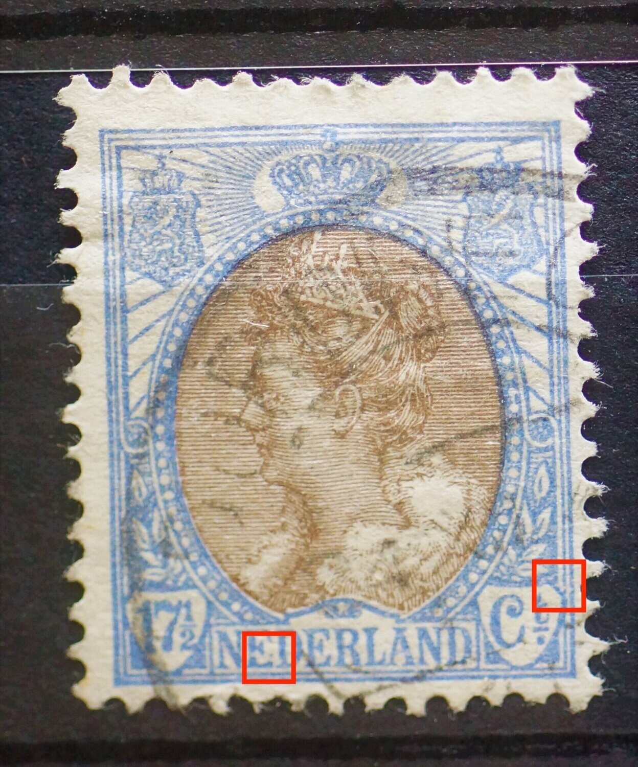NVPH 67 - witte streep door ED van NEDERLAND en breukje boven schild van Ct.