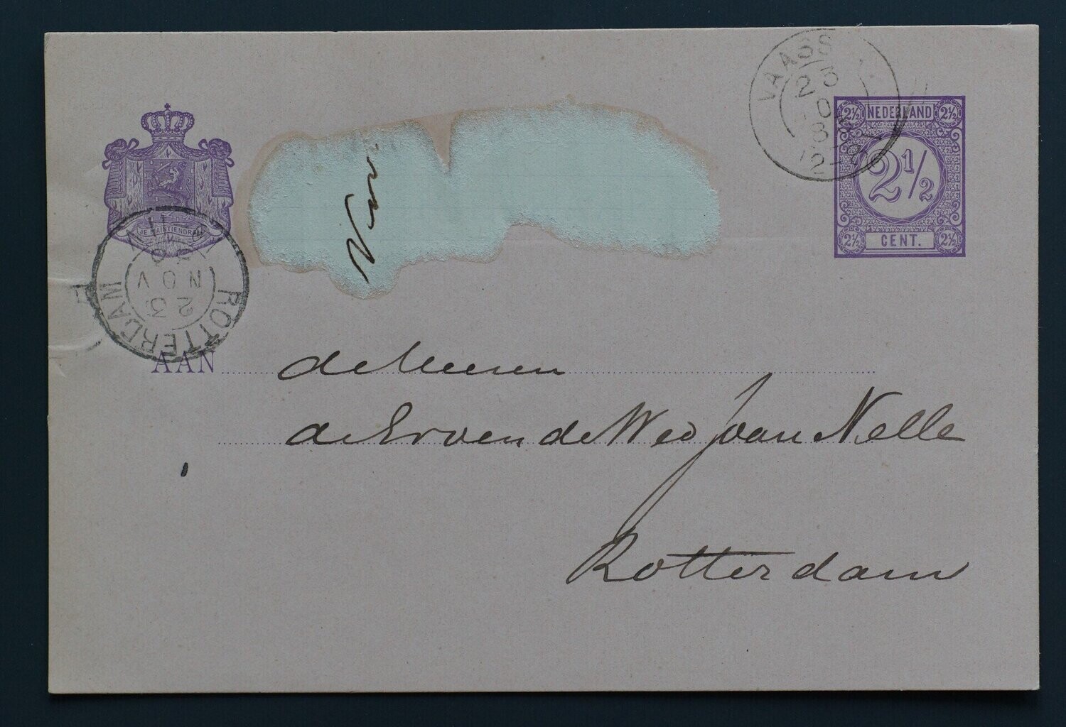 kleinrond Vaassen op briefkaart naar Rotterdam