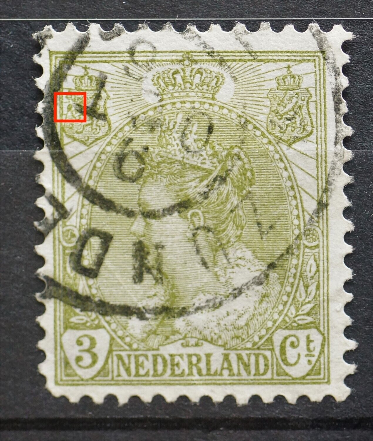 NVPH 57 - groene vlek boven pijlenbundel in linker wapenschild