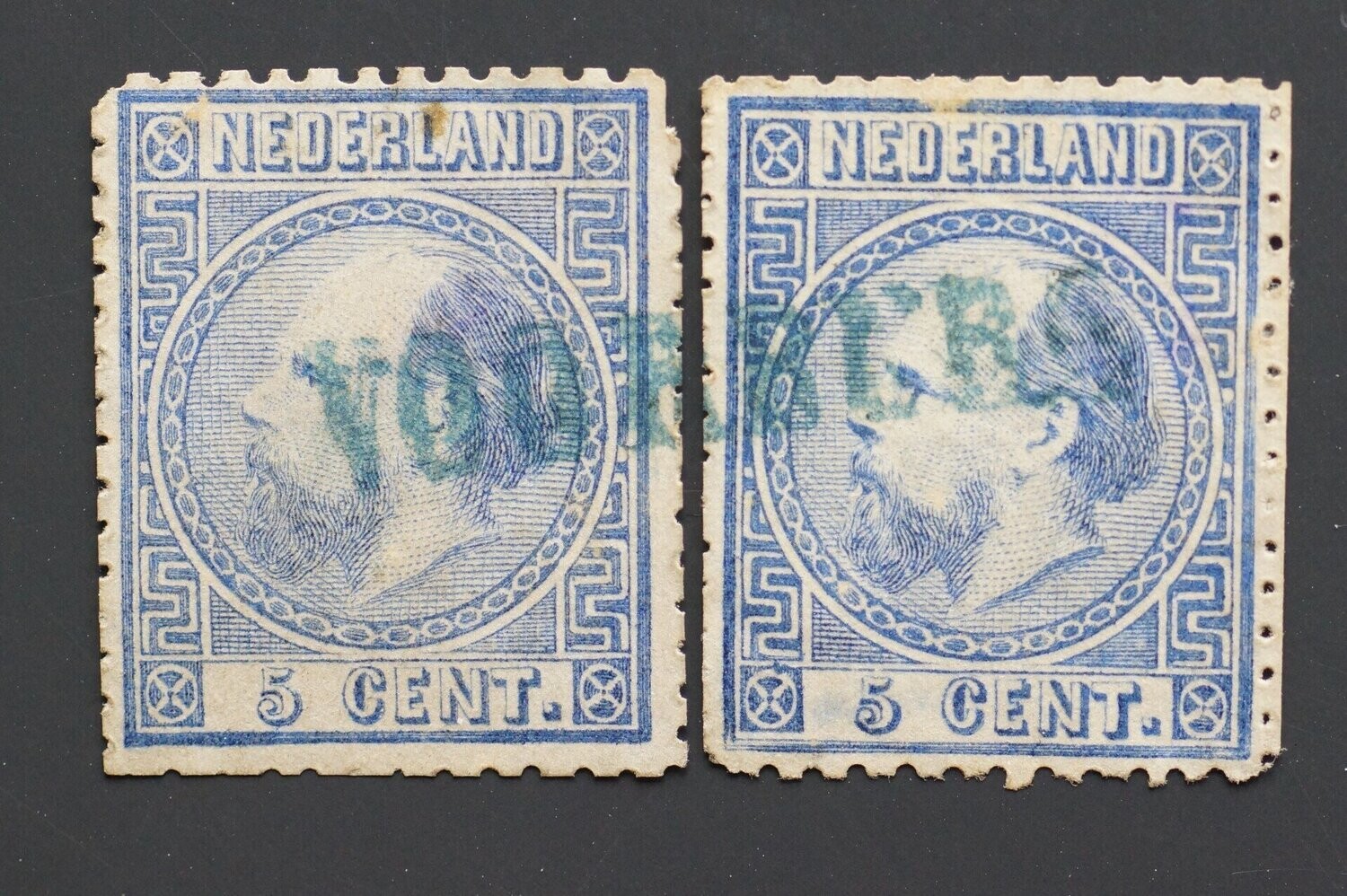 Langstempel Voorburg (groen!) op 2x NVPH 7