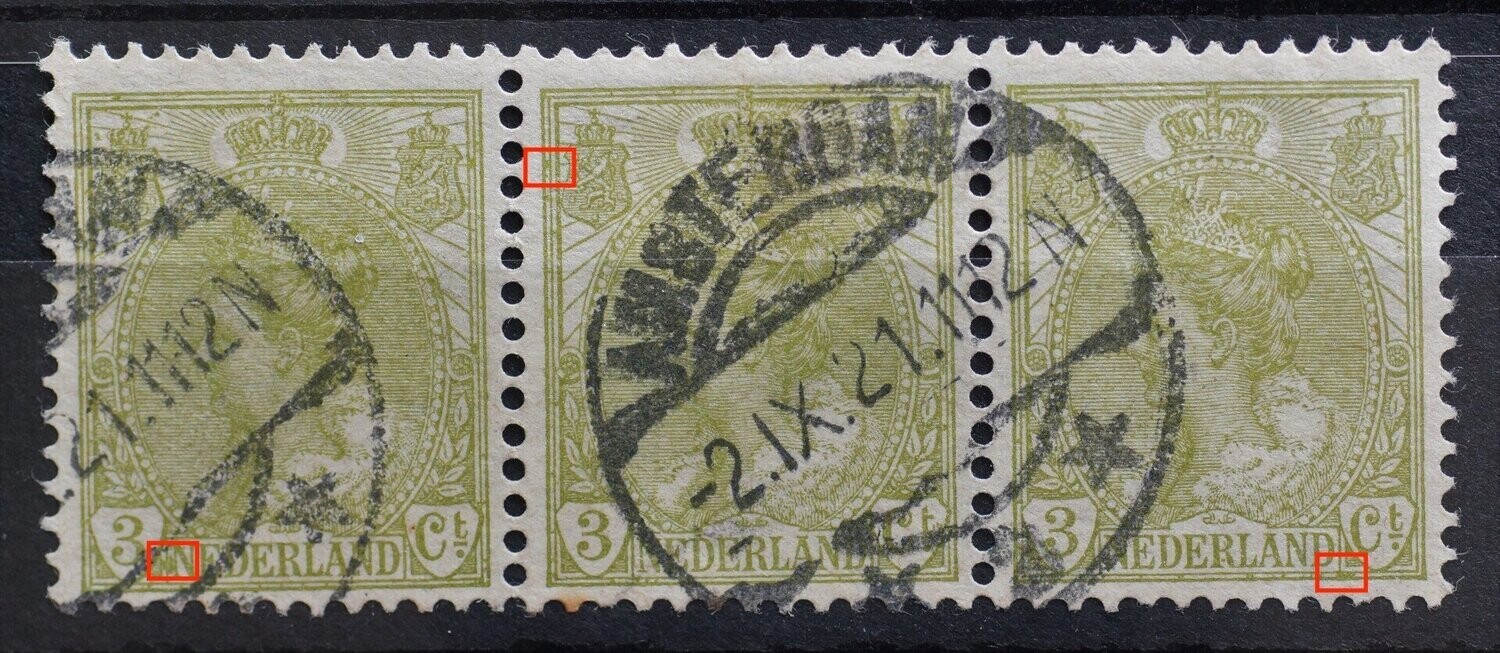 NVPH 57 (strip) - op alle zegels groene stippen op diverse plaatsen