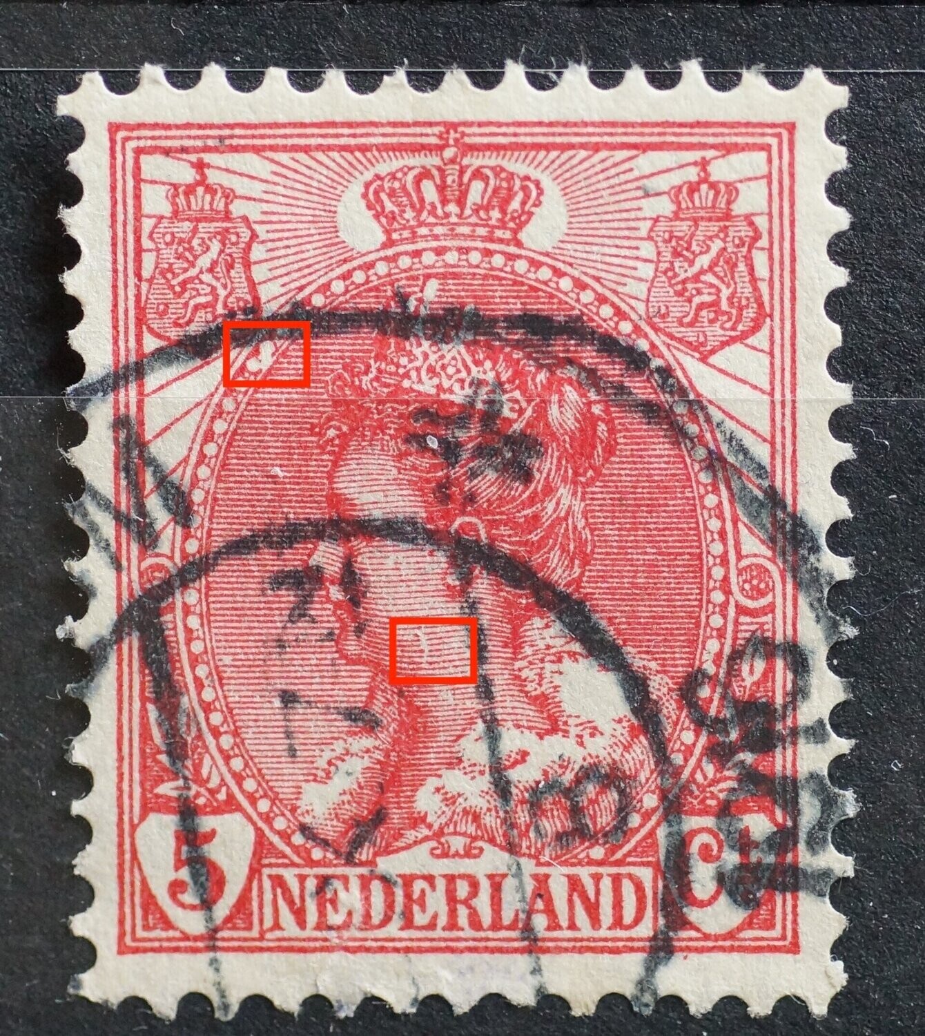 NVPH 60 - witte vlek in parelrand onder linker wapenschild