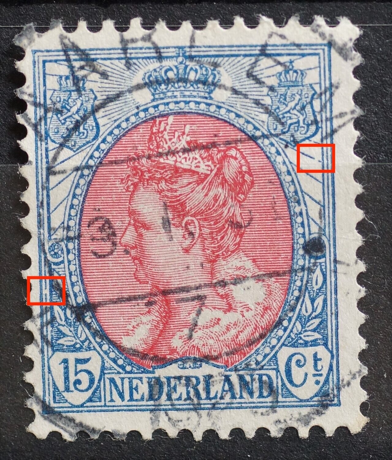 NVPH 65 - gebroken kaderlijn onder linker rozet en gebroken straal onder rechter wapenschild