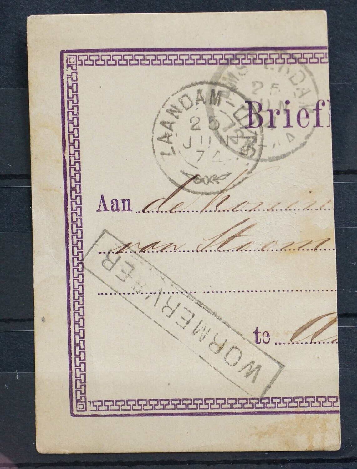 o.a. takjestempel Zaandam-Uitg: (1874) op briefkaartfragment