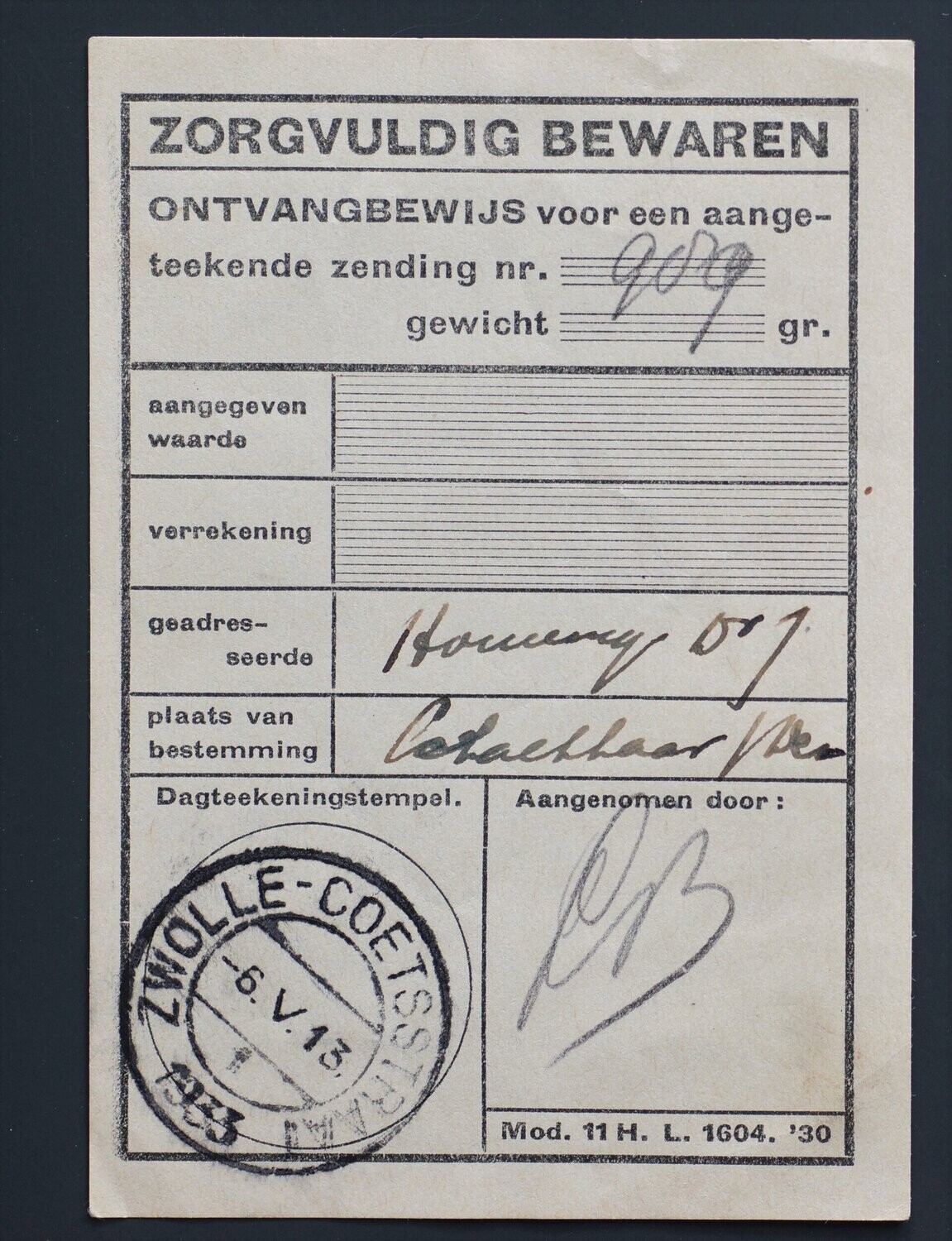 Zwolle-Coetsstraat 1 op Ontvangbewijs