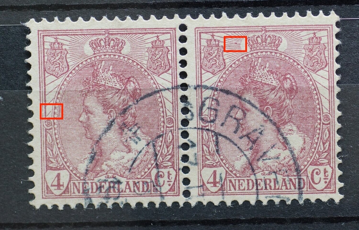 NVPH 58 (paar) - o.a. breuk in arcering linker zegel en stip in arcering rechter zegel