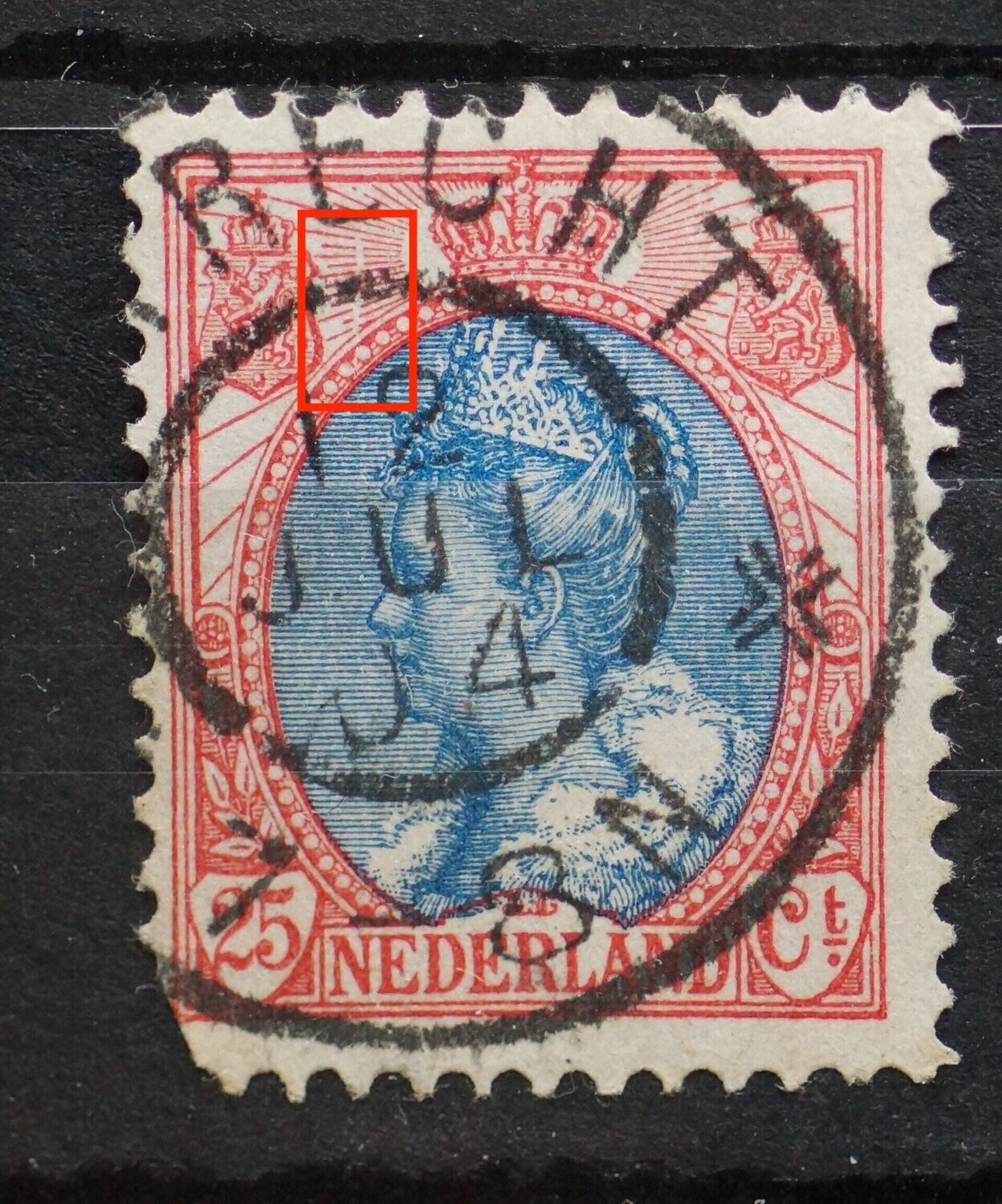 NVPH 71 (fraai) - grote witte verticale streep door stralen, links