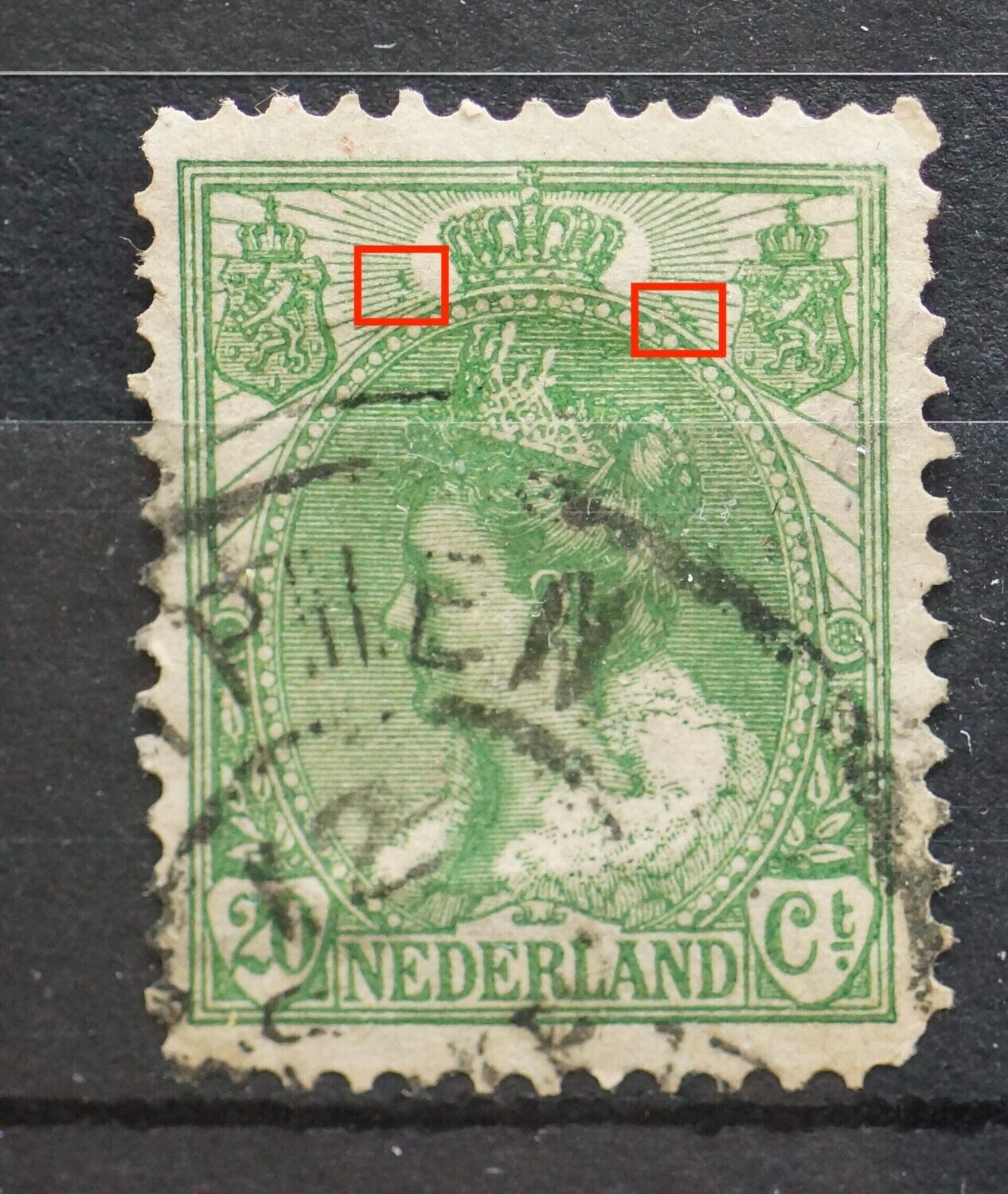 NVPH 68 - o.a. grote groene vlekken links en rechts van kroon