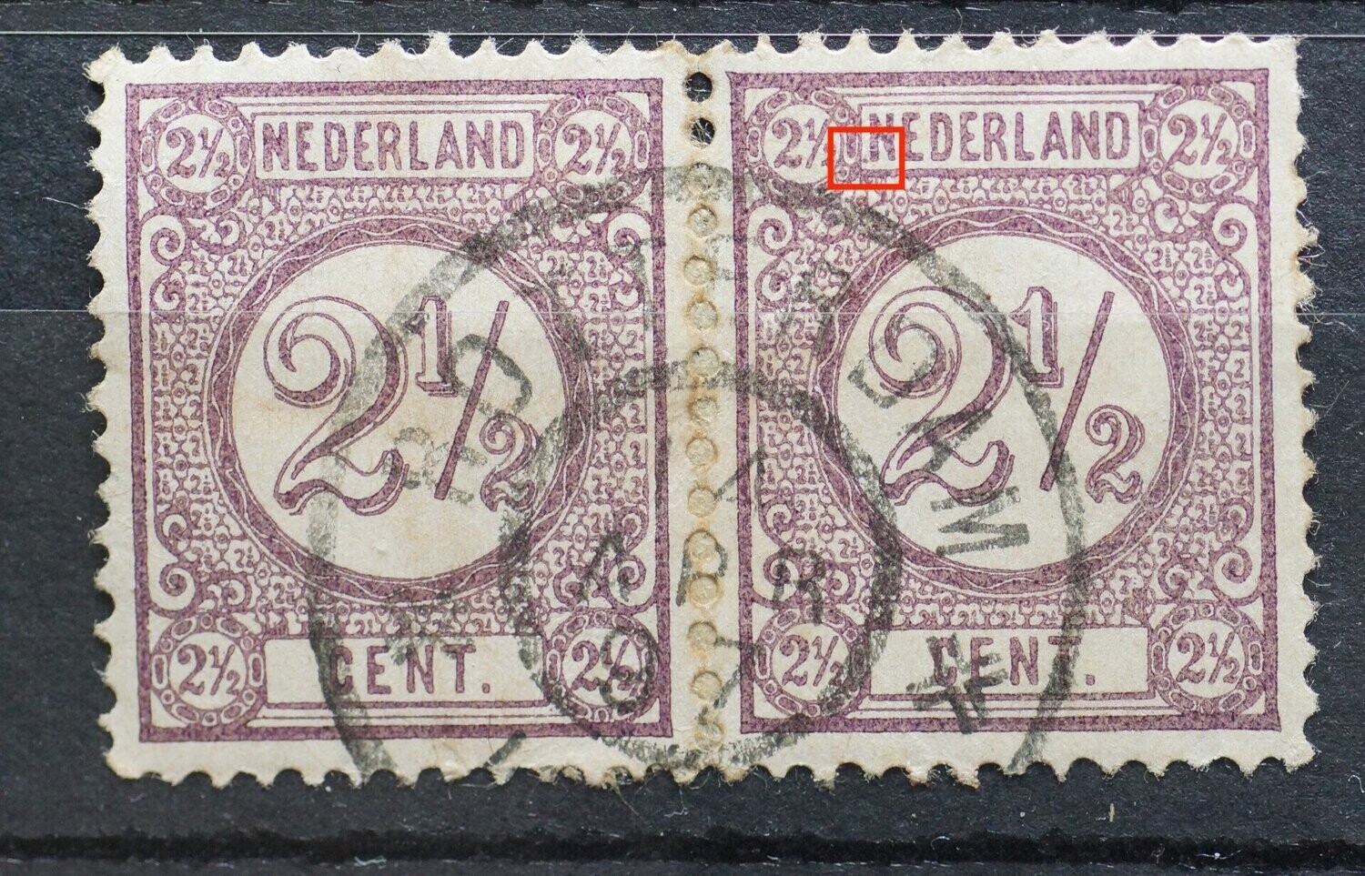 NVPH 33 (paar) - violette stip voor NEDERLAND (rechter zegel)