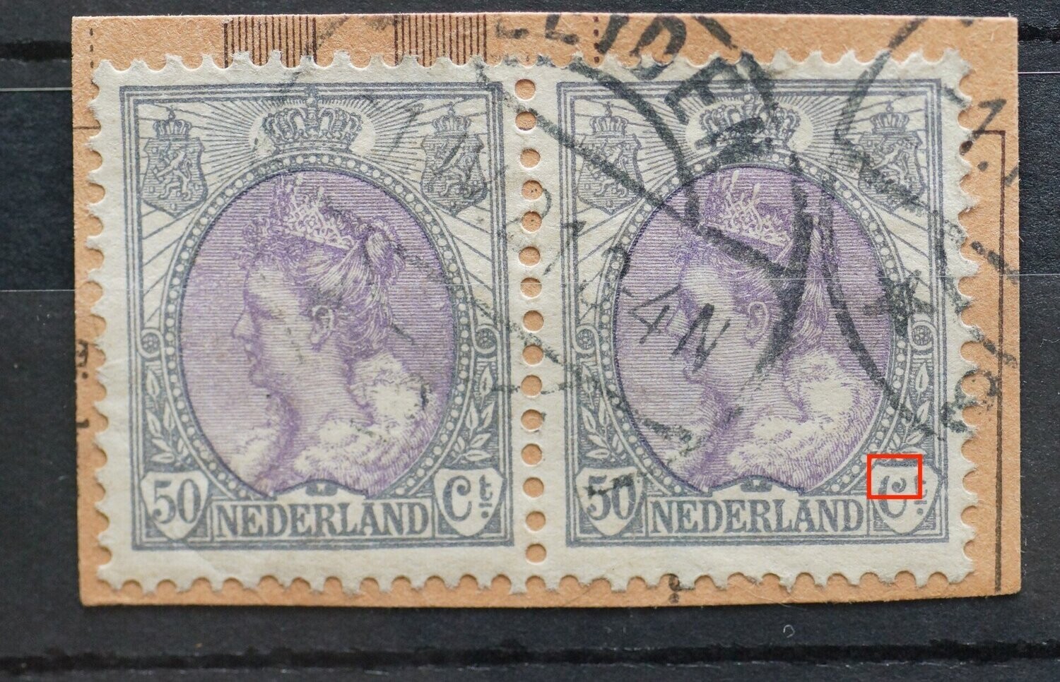 NVPH 75 (paar) - beschadiging boven aan de C van Ct. (witte vlek) (rechter zegel)
