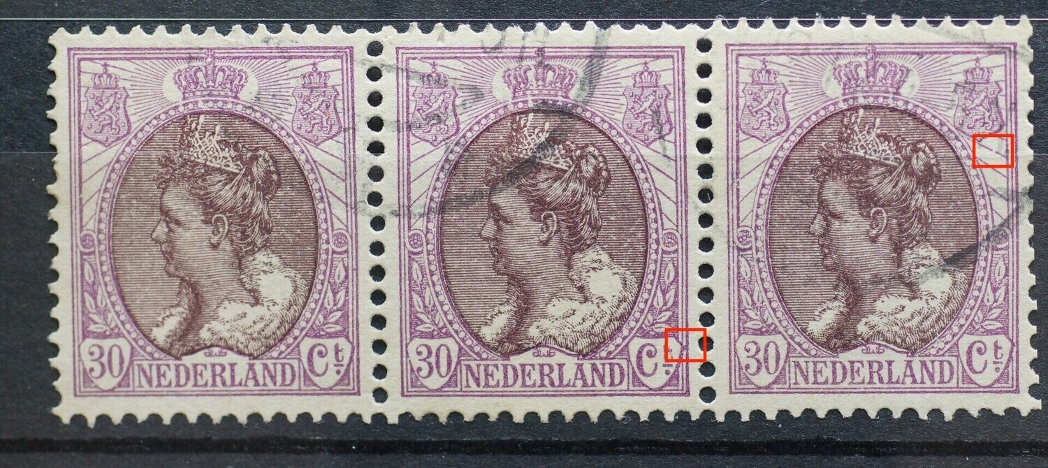 NVPH 72 (strip) - breuk in straal rechts en in kaderlijn bij 30 (rechter zegel), paars vlekje achter Ct. bij middelste zegel
