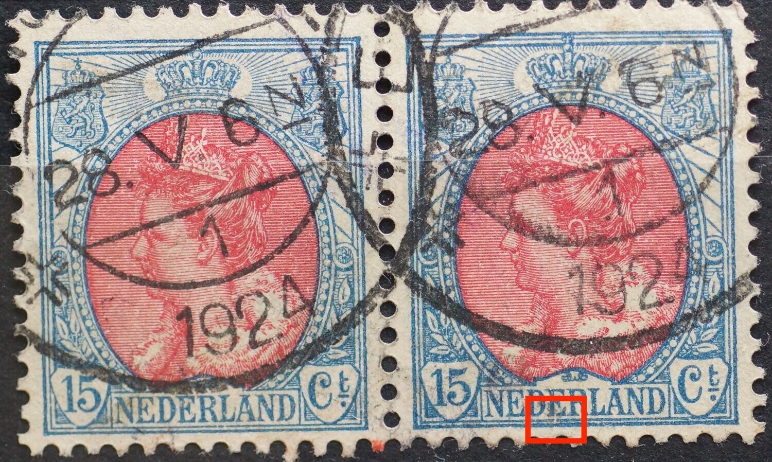NVPH 65 - breuk in kaderlijn onder 2e E van NEDERLAND