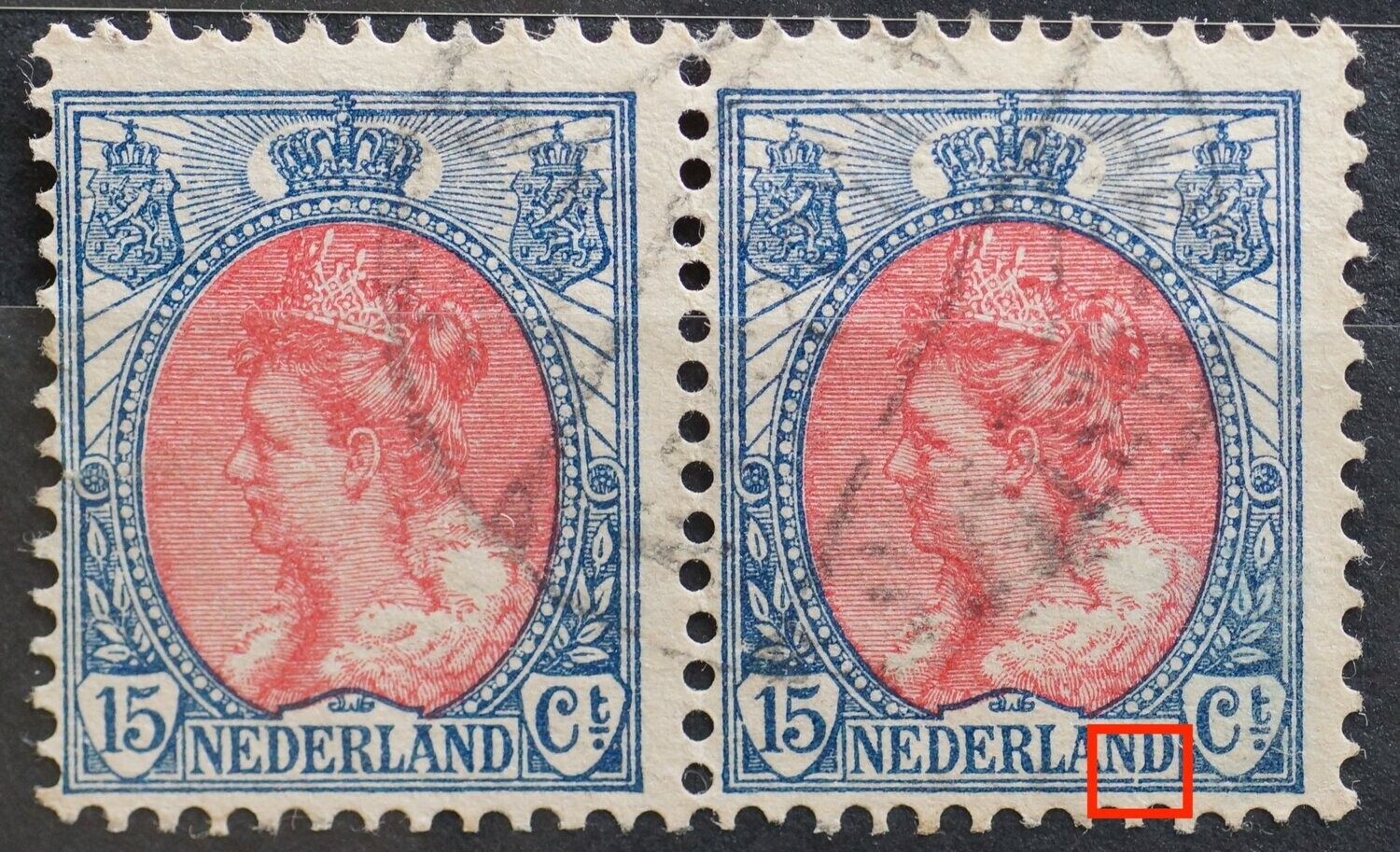 NVPH 65 - o.a. breuk in kaderlijn onder ND van NEDERLAND (rechter zegel)