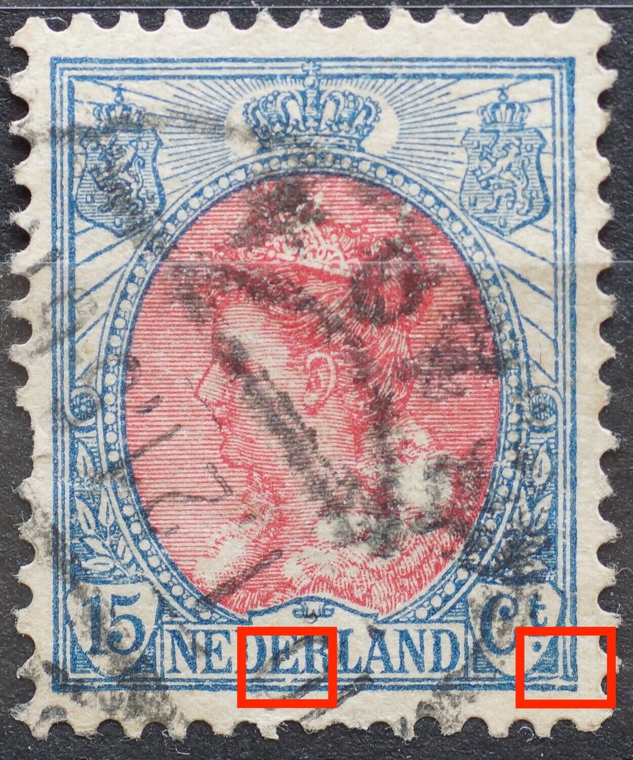 NVPH 65 - breuk in kaderlijn onder tweede E van NEDERLAND en onder schild van Ct.