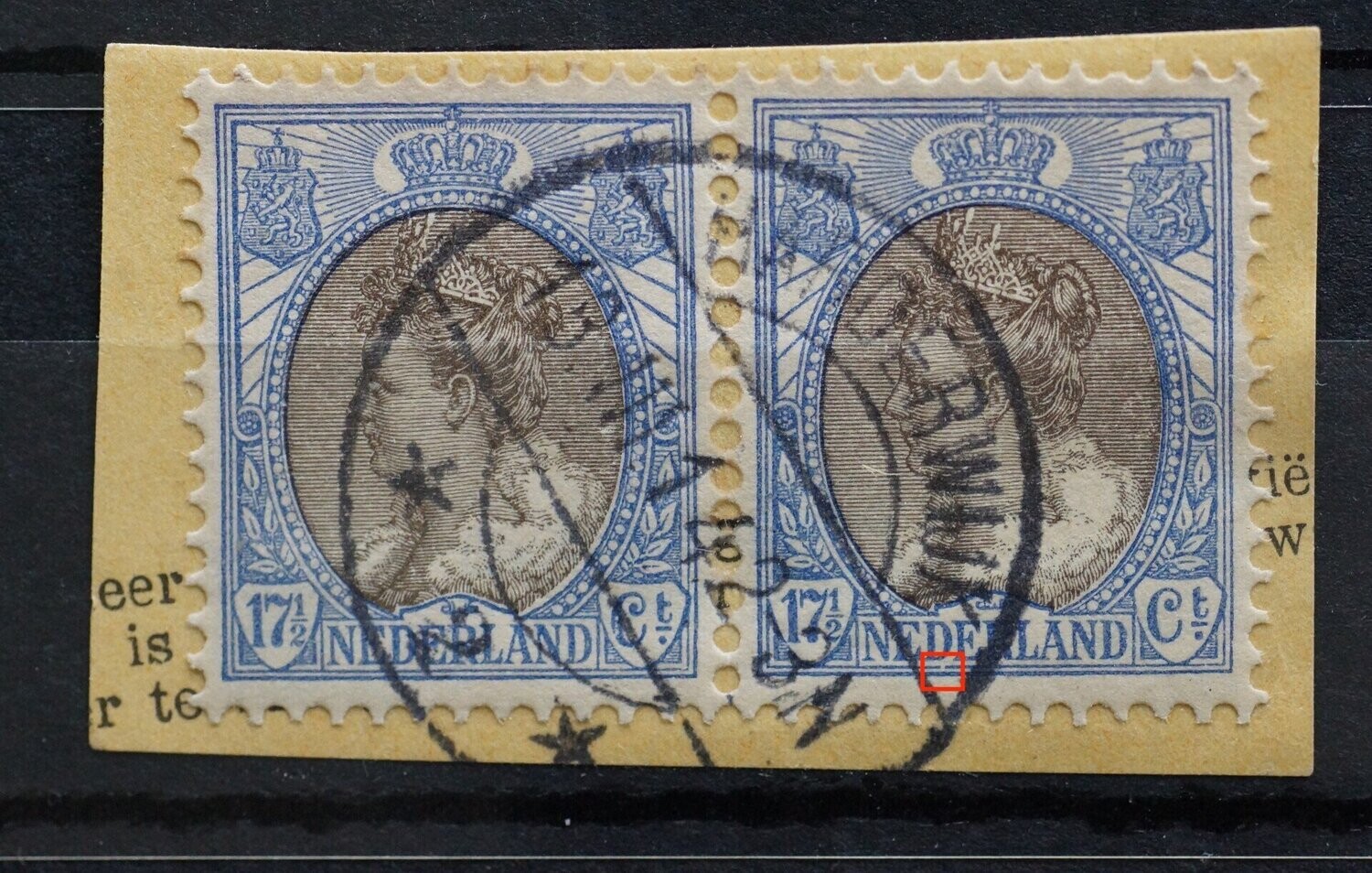 NVPH 67 (paar) - breuk in kaderlijn onder eerste D van NEDERLAND (rechter zegel)
