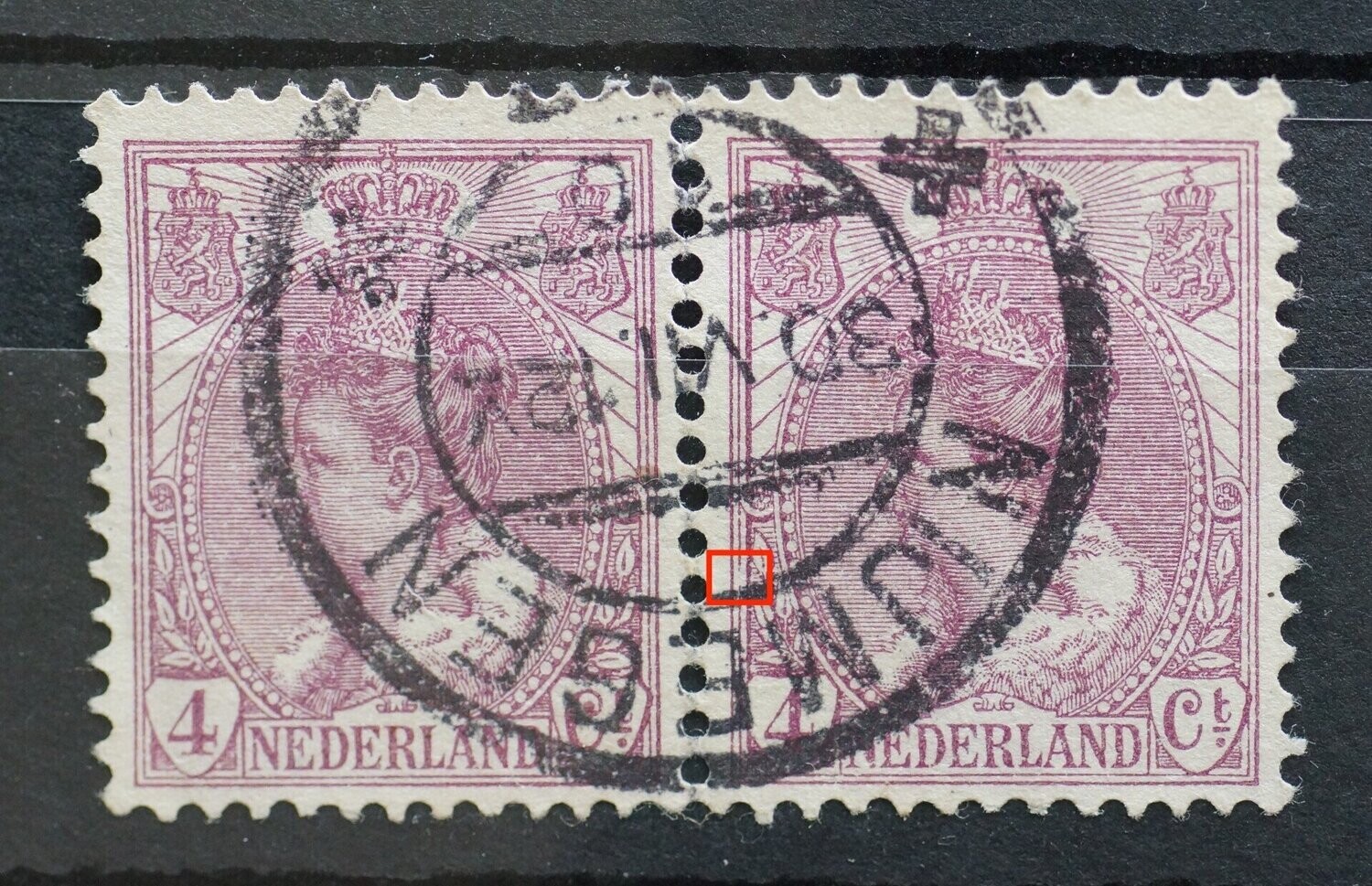 NVPH 58 (paar) - breuk in kaderlijn links (rechter zegel)